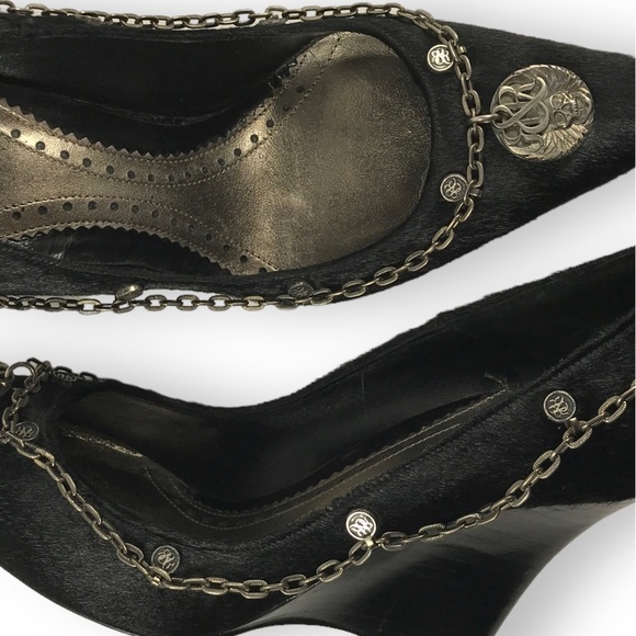 Rock & Republic Pointed Toe Fur Wrap Around Chained Logo Wedge Black Size EU 36 - Picture 4 of 15